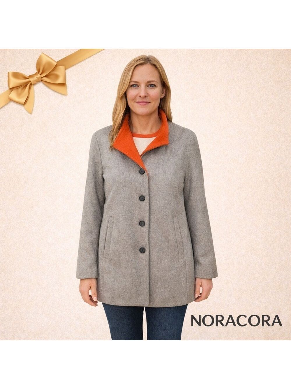 Noracora Gray Wool-Blend Button Coat Orange Collar M